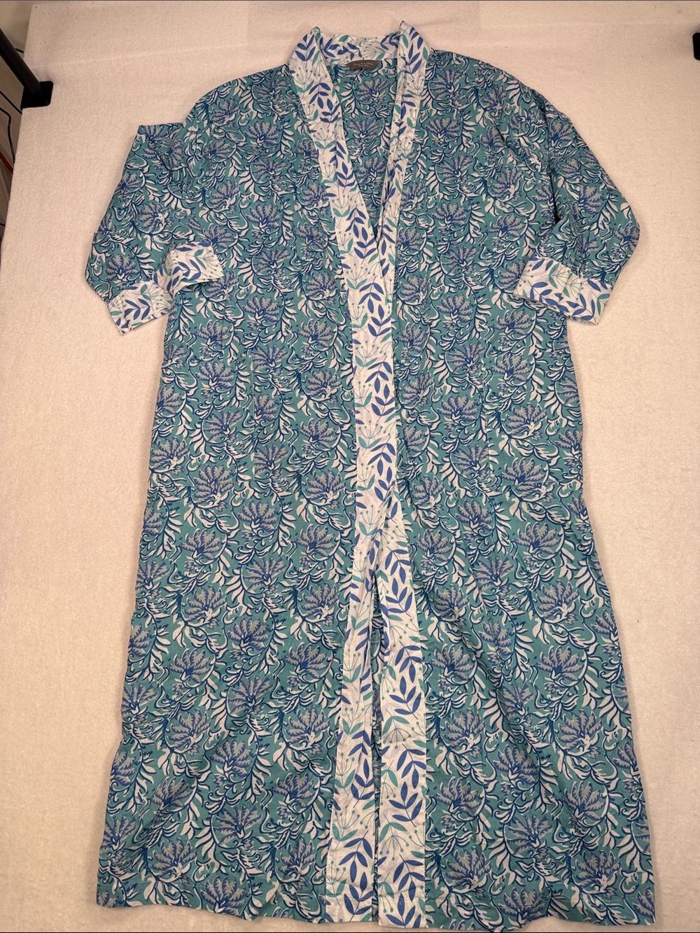 Lime Tree Design Floral Blue & Teal Cotton Kimono Robe with White Trim